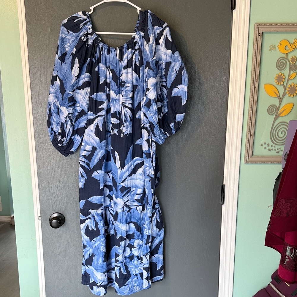 Tommy Bahama Navy Blue Floral Gauzy Midi Dress with pockets